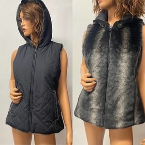 kristen blake vest black double face faux fur and quilted nylon small hooded